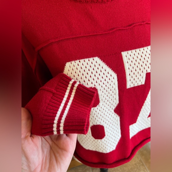 Orange Kiss Red and White Varsity Distressed Number 87 Crop Sweater Large - Picture 4 of 11